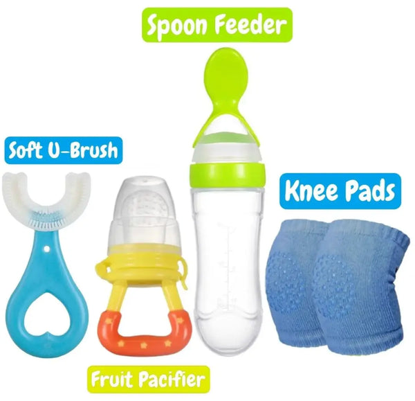 Pack Of 4 | Baby Silicone Spoon Feeder + Fruit Pacifier + Knee Pads + U Shape Brush